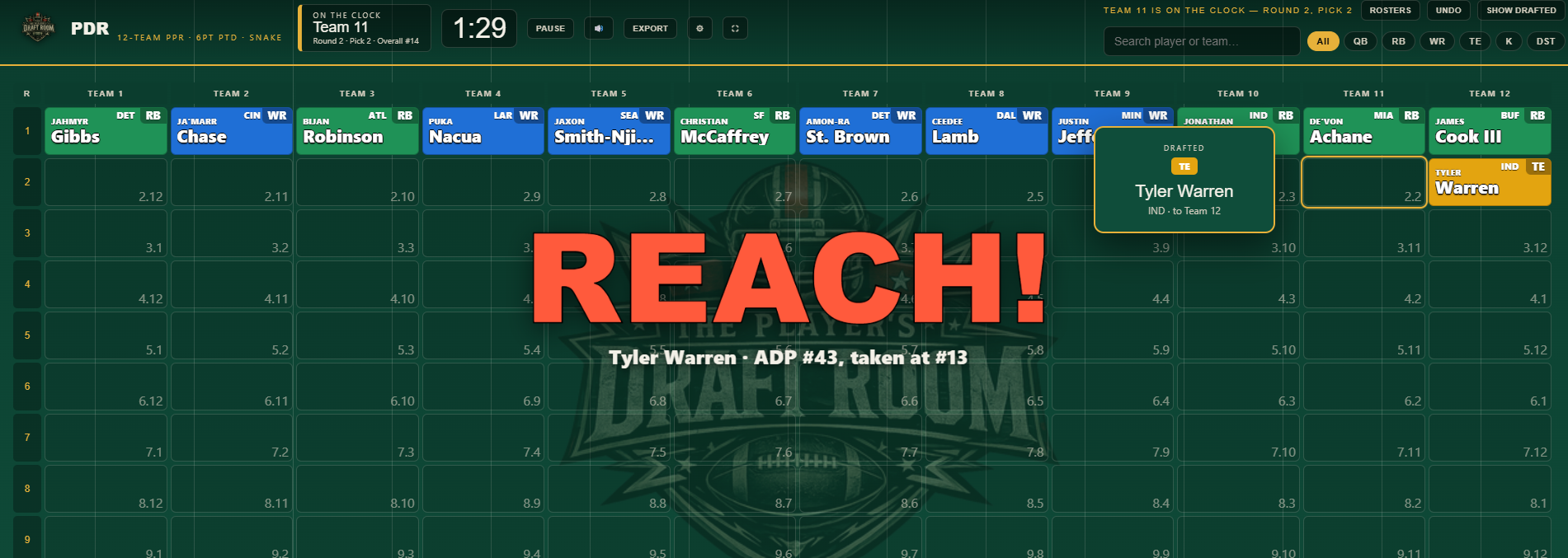 The board flashing REACH when a player is drafted well before their ADP