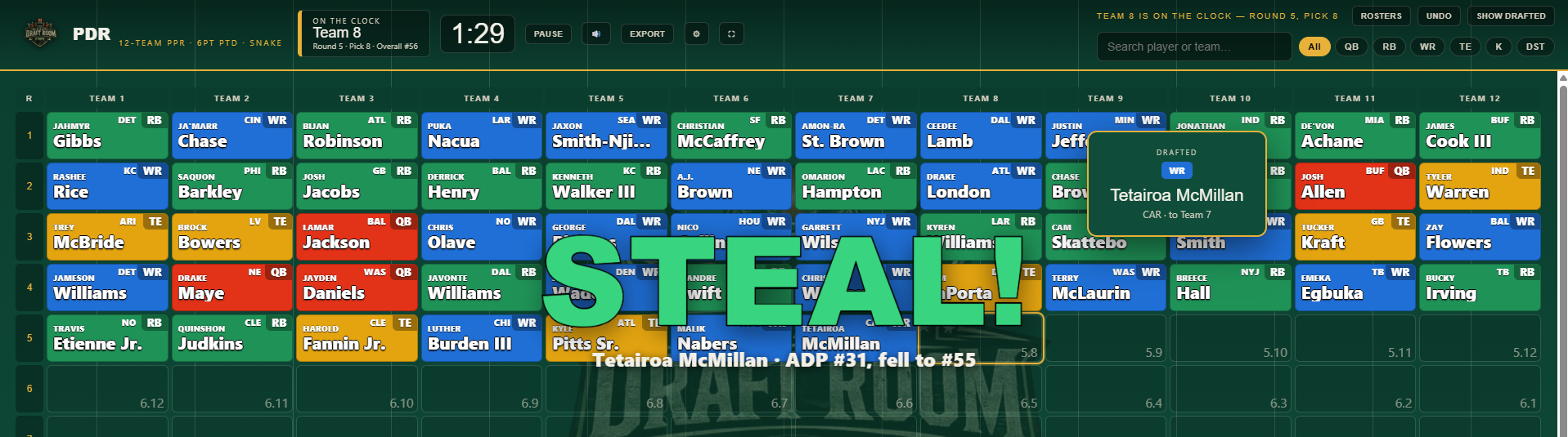 The board flashing STEAL when a player falls past their ADP